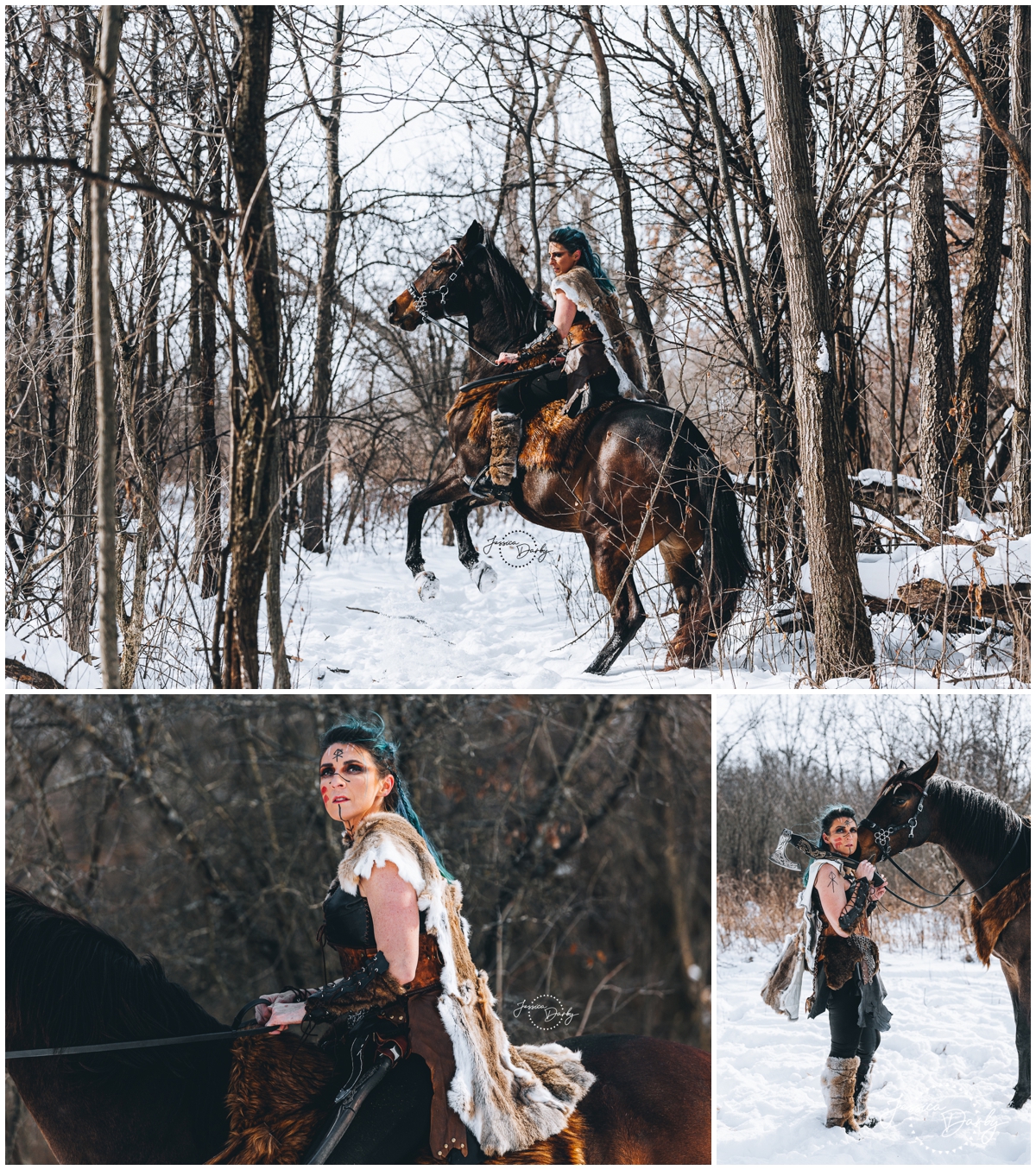 horse and rider Viking portraits of a woman riding horse rearing in the snowy woods