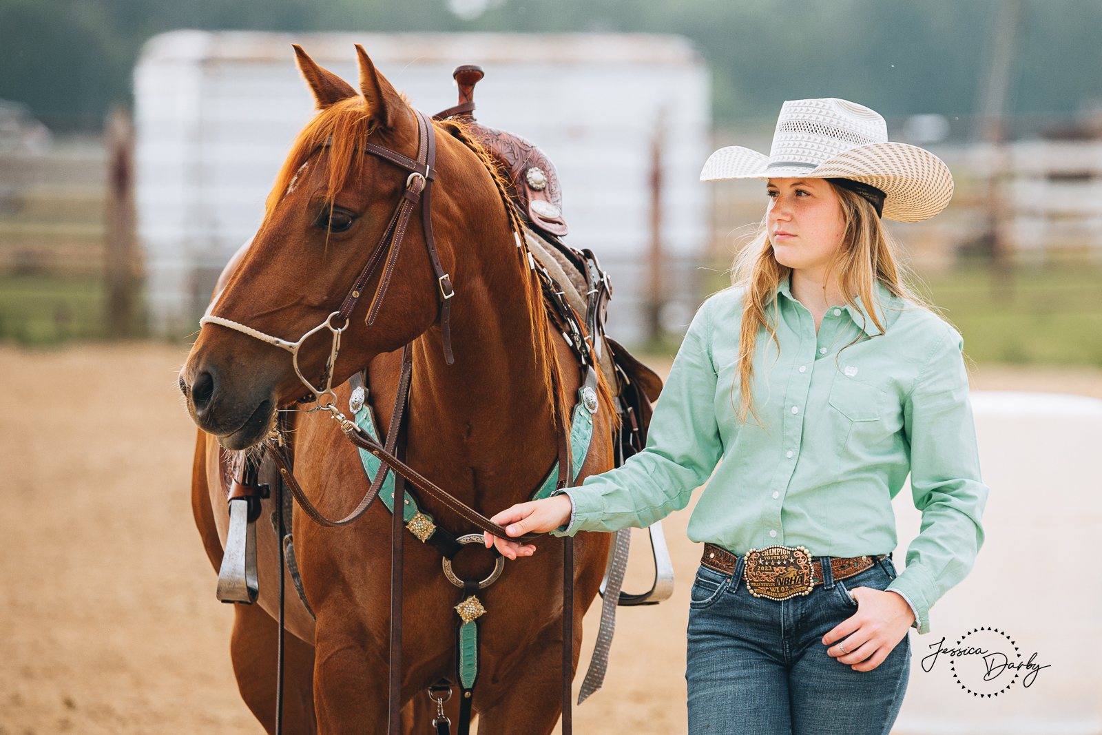 Brand Portraits Young Barrel Racer and her Quarter Horse in outdoor arena