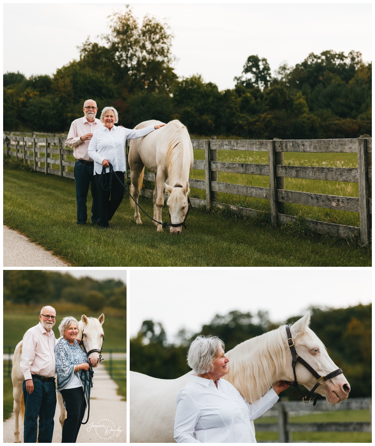 family portraits with a white horse along a fence like next to a pasture