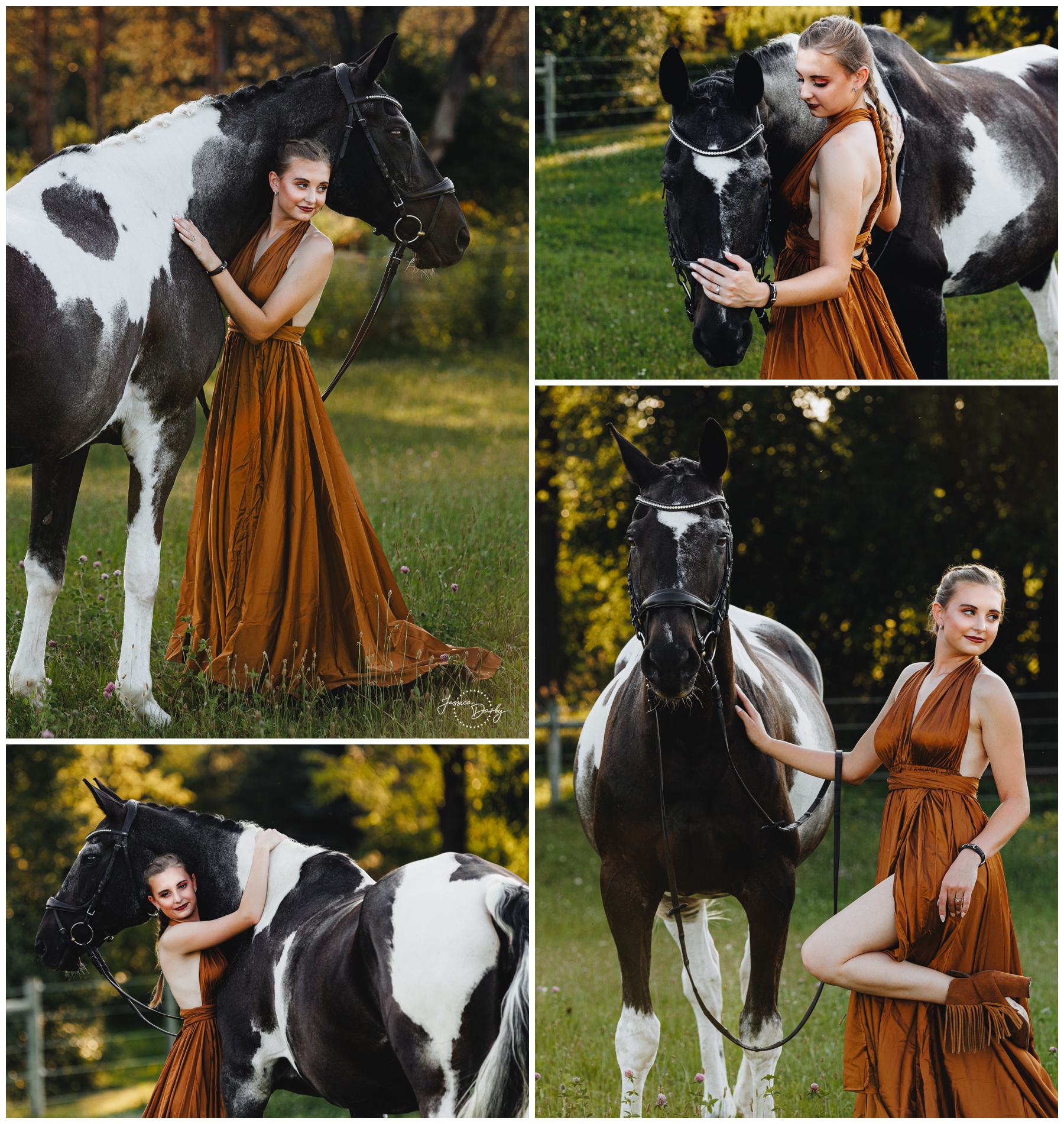 Hailey and her mare Americana S (“Meri”) during a ballet-inspired equine bond session at golden hour in Eagle, Wisconsin. Hailey wears a copper gown and heels beside her horse in the pasture.