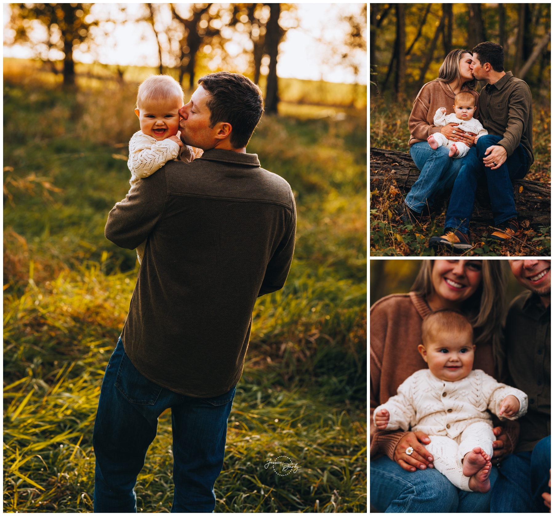 Collage of a father kissing his baby daughter and close-up family moments in autumn light at Norwegian Hill Farm