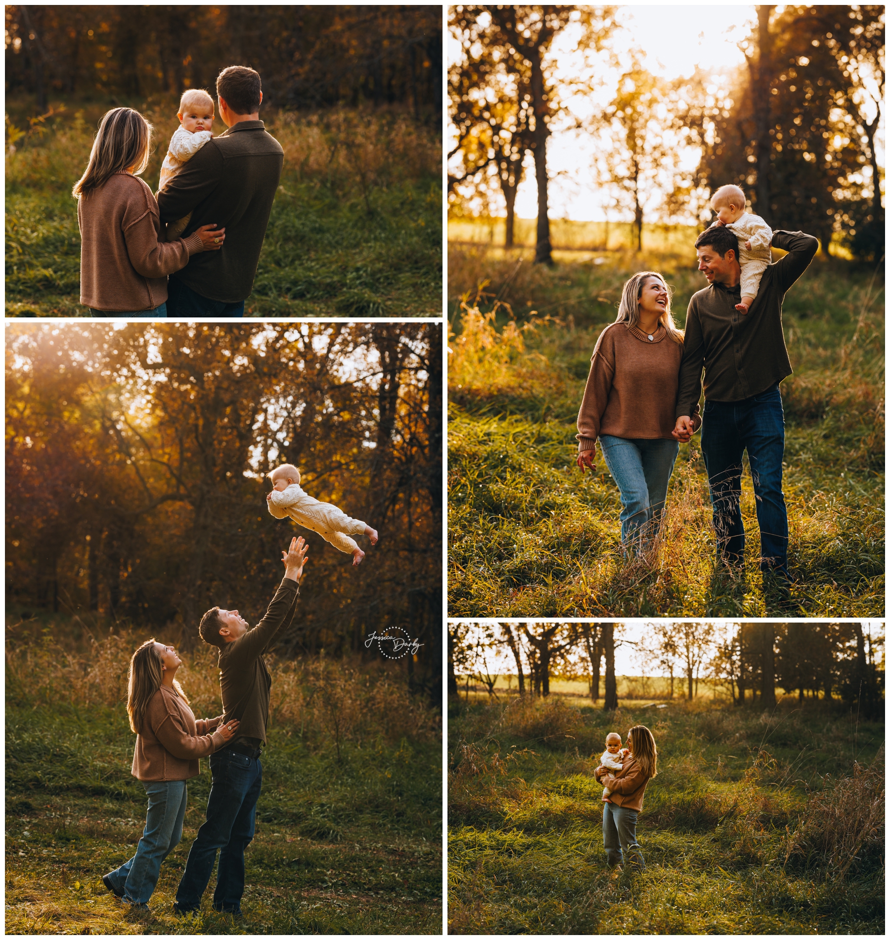 Collage of golden hour family portraits of Michaela, her husband, and their baby daughter walking and playing in the fields at Norwegian Hill Farm