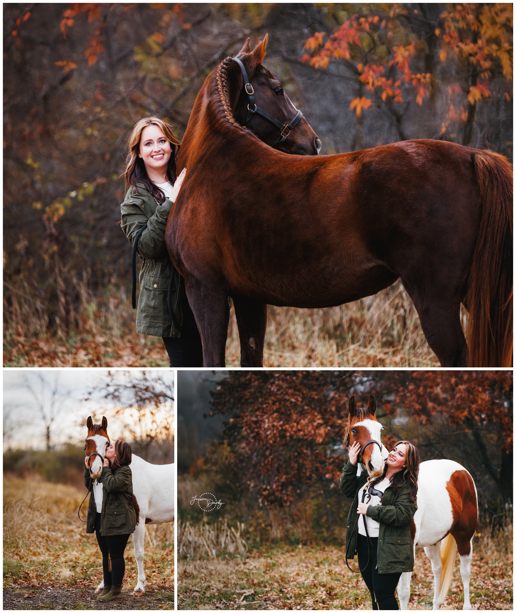 Collage of Brittany with her horses Chocolate and Cosmo in fall colours at Promise Hill Farm