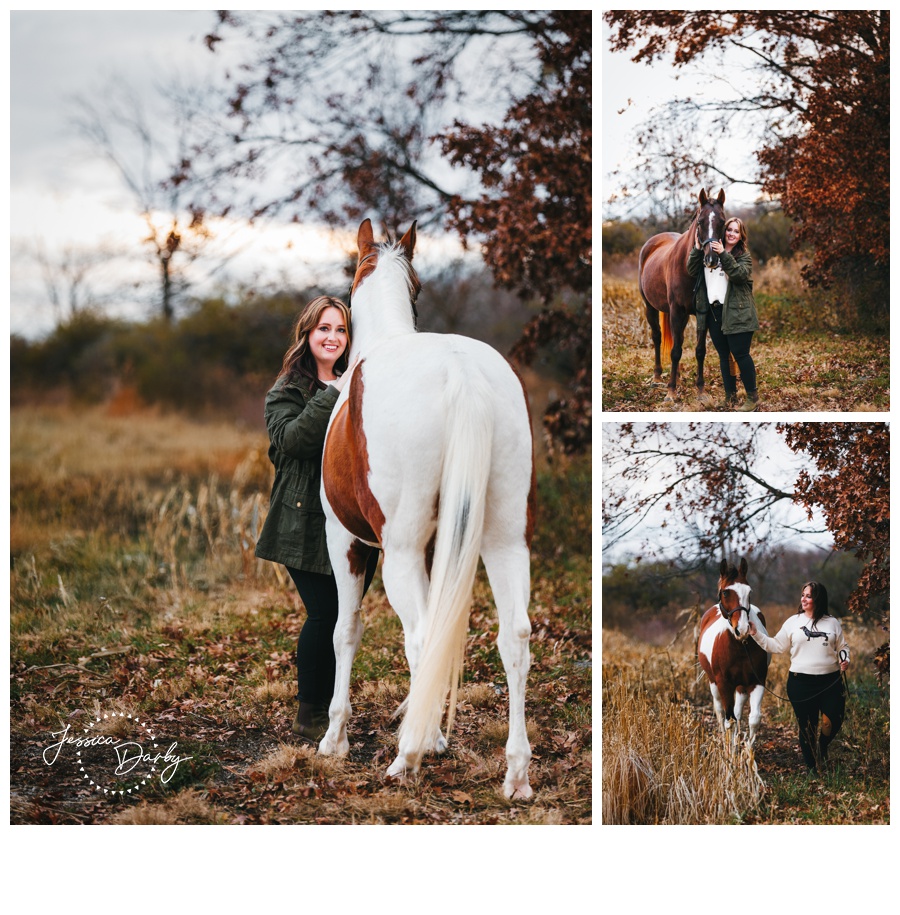 Collage of Brittany walking and standing with Cosmo, her chestnut and white Paint cross, in an autumn field
