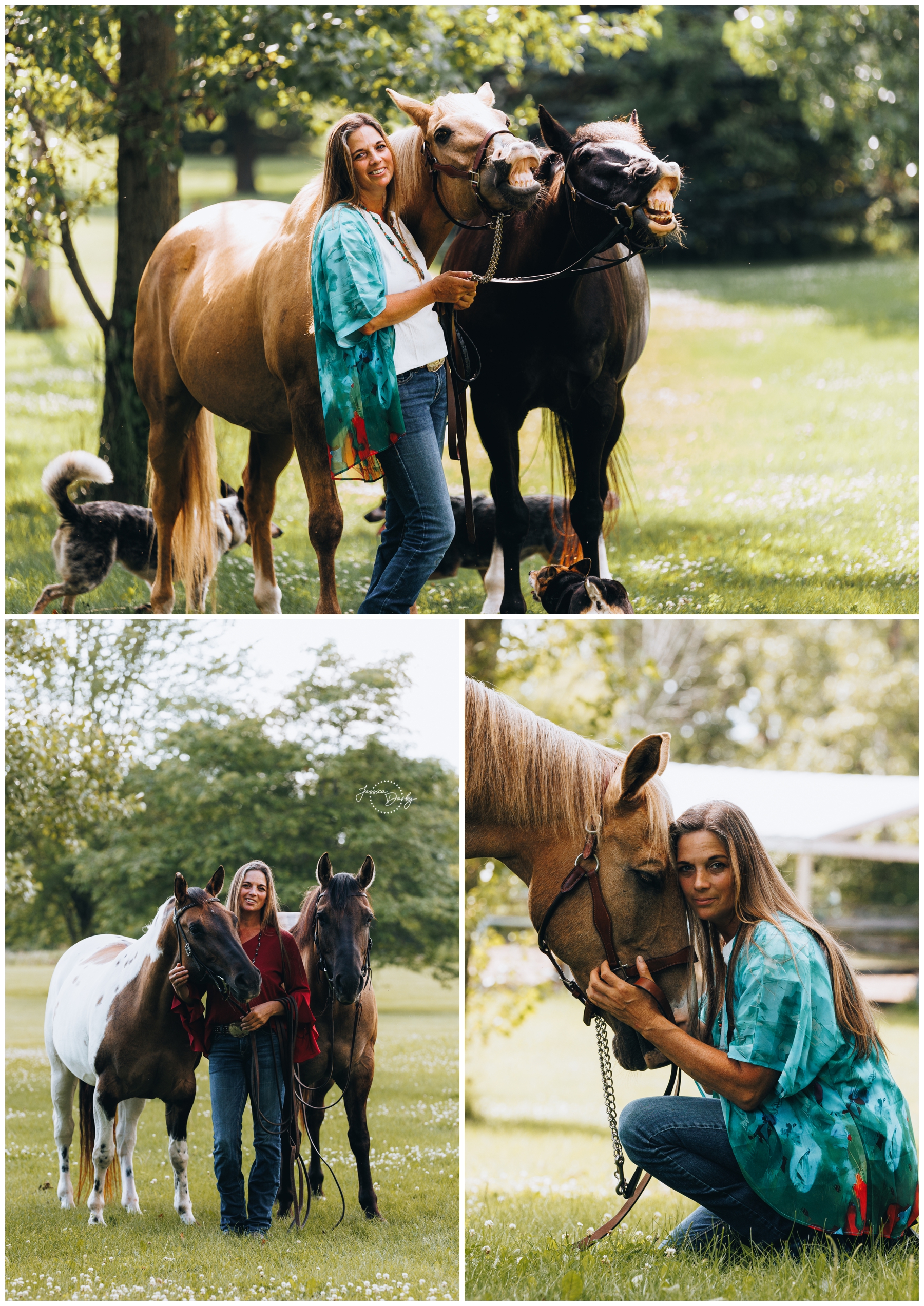 Collage of Dina with Dese the palomino Quarter Horse and Sinndar the black draft cross smiling together, with her dogs at their feet
